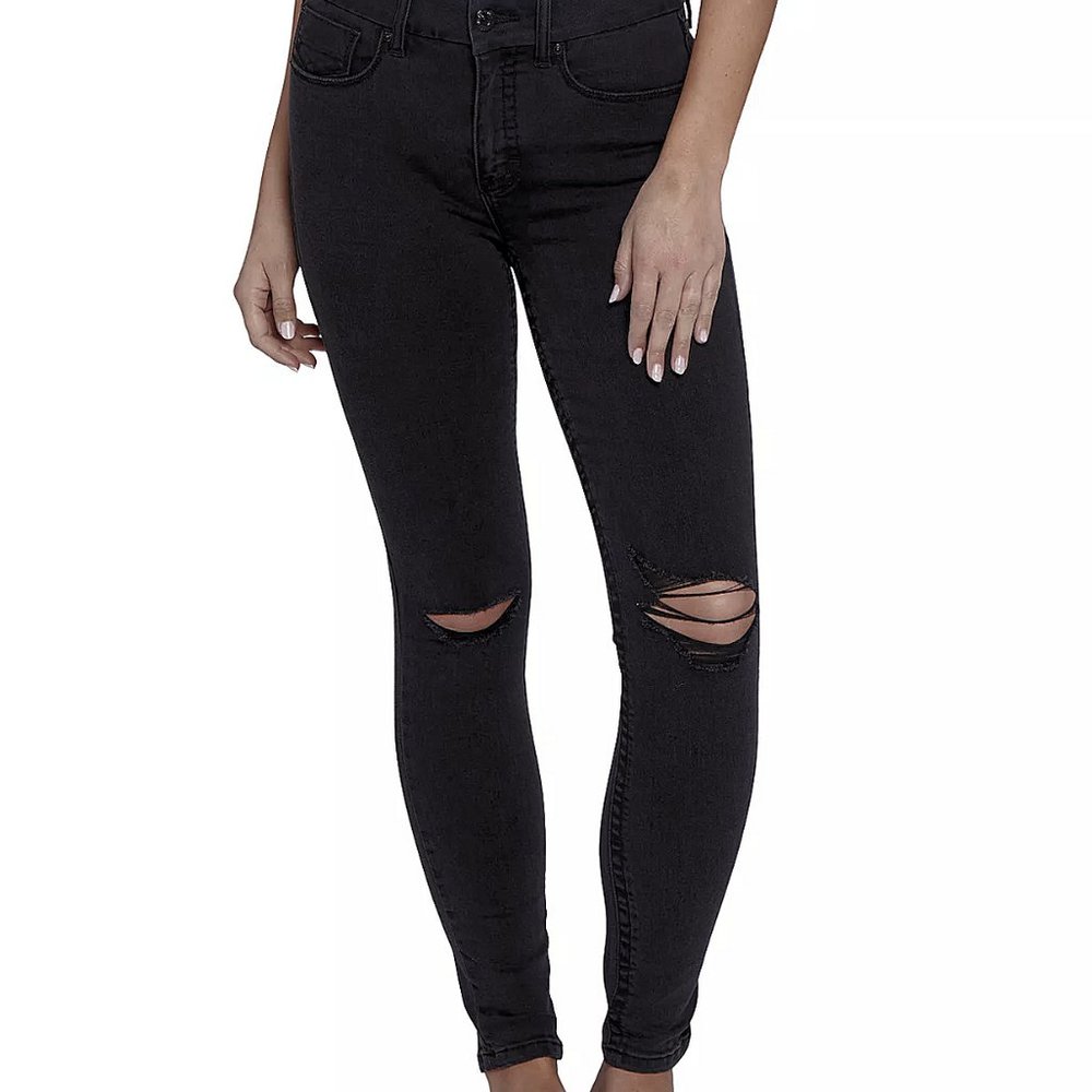 Seven7 Bombshell Ripped Distressed High Rise Skinny Jeans Black